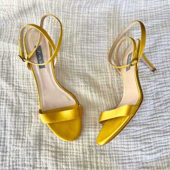 SJP by Sarah Jessica Parker Shoes - SJP Sarah Jessica Parker | Gold Yellow Satin Open Toe Ankle Wrap Gal Heels